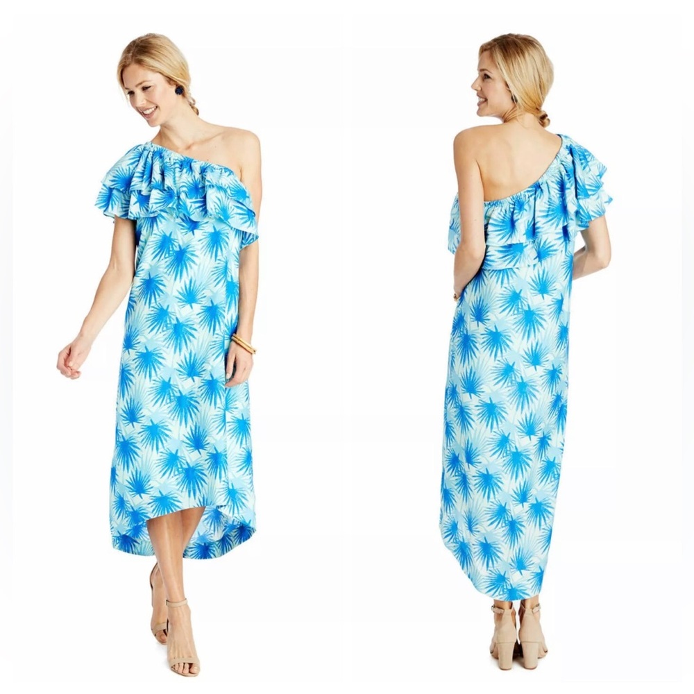 Vineyard Vines Blue Tropical Palm Print One-Shoulder Ruffle Midi Dress | Size 2